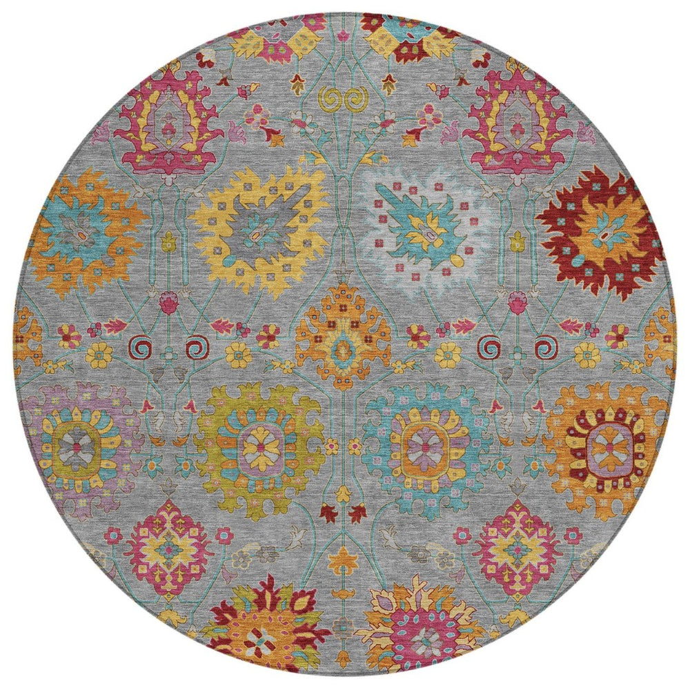 HomeRoots 8' Gray Gold and Pink Round Damask Rug - Washable, Durable, Indoor/Outdoor Area Accent for Any Space 657825