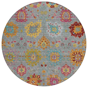 HomeRoots 8' Gray Gold and Pink Round Damask Rug - Washable, Durable, Indoor/Outdoor Area Accent for Any Space 657825