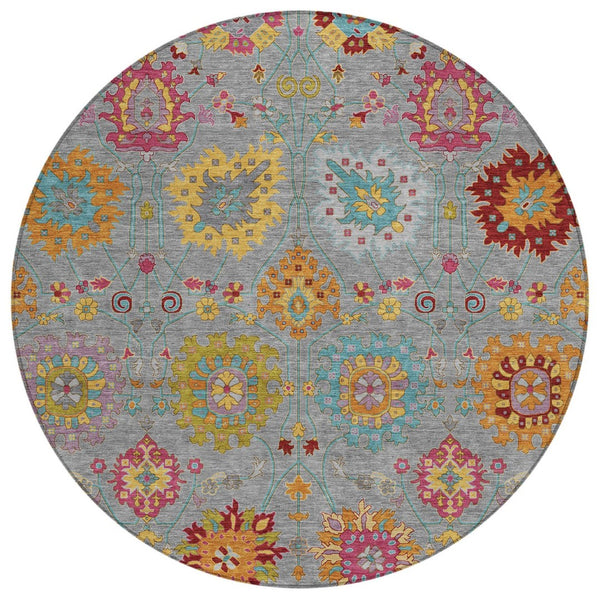 HomeRoots 8' Gray Gold and Pink Round Damask Rug - Washable, Durable, Indoor/Outdoor Area Accent for Any Space 657825