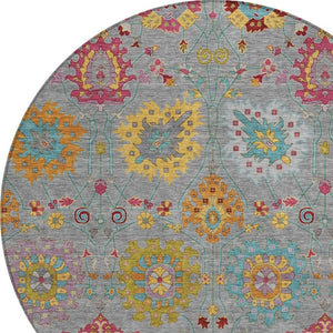 HomeRoots 8' Gray Gold and Pink Round Damask Rug - Washable, Durable, Indoor/Outdoor Area Accent for Any Space 657825