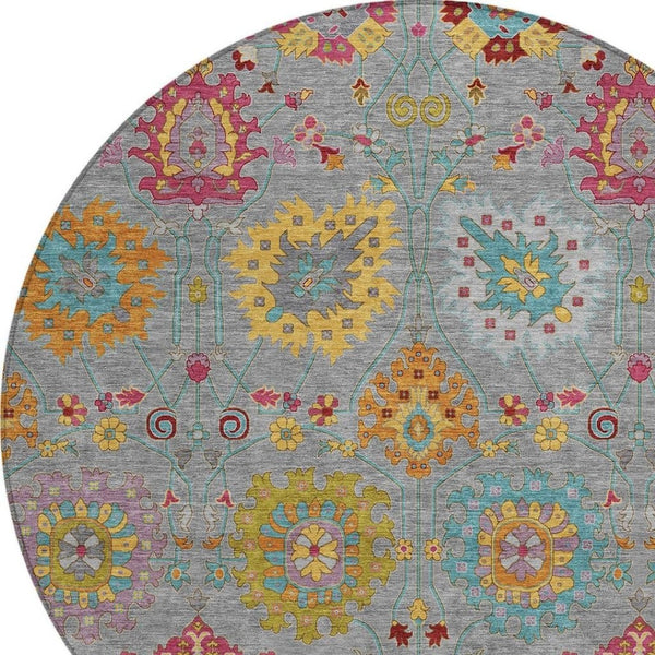 HomeRoots 8' Gray Gold and Pink Round Damask Rug - Washable, Durable, Indoor/Outdoor Area Accent for Any Space 657825