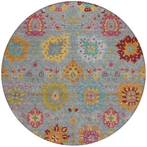 HomeRoots 8' Gray Gold and Pink Round Damask Rug - Washable, Durable, Indoor/Outdoor Area Accent for Any Space 657825