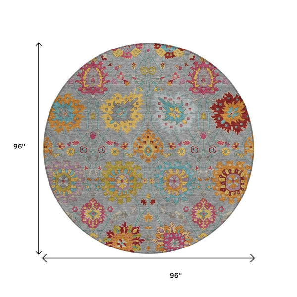 HomeRoots 8' Gray Gold and Pink Round Damask Rug - Washable, Durable, Indoor/Outdoor Area Accent for Any Space 657825