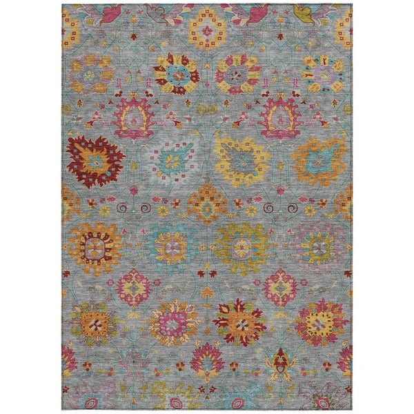 HomeRoots 8' X 10' Elegant Gray, Gold, and Pink Damask Washable Rug - Durable, Stylish for Indoors & Outdoors 657826