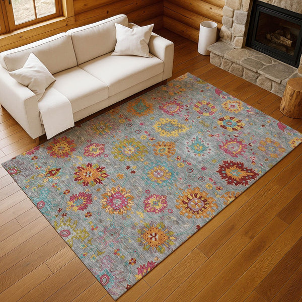 HomeRoots 8' X 10' Elegant Gray, Gold, and Pink Damask Washable Rug - Durable, Stylish for Indoors & Outdoors 657826