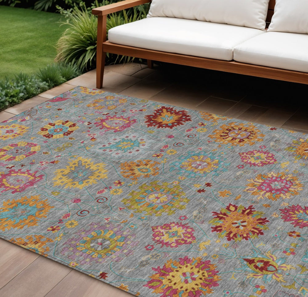 HomeRoots 9' Elegant Gray Gold Pink Damask Washable Area Rug - Indoor & Outdoor Versatile Comfort and Style 657827