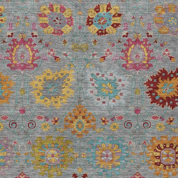 HomeRoots 9' Elegant Gray Gold Pink Damask Washable Area Rug - Indoor & Outdoor Versatile Comfort and Style 657827