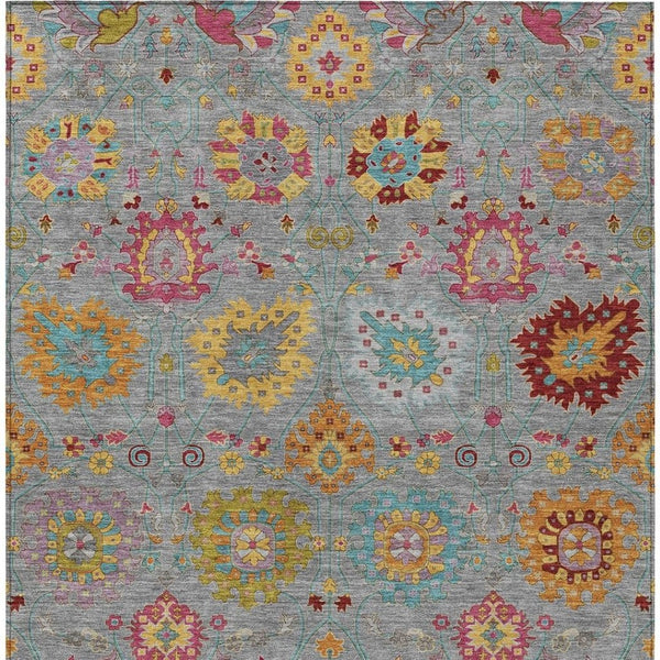 HomeRoots 10' Elegant Gray Gold Pink Damask Washable Area Rug - Durable Indoor Outdoor Design for Any Space 657828