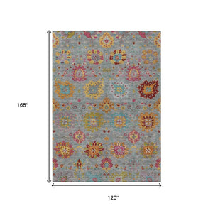 HomeRoots 10' Elegant Gray Gold Pink Damask Washable Area Rug - Durable Indoor Outdoor Design for Any Space 657828