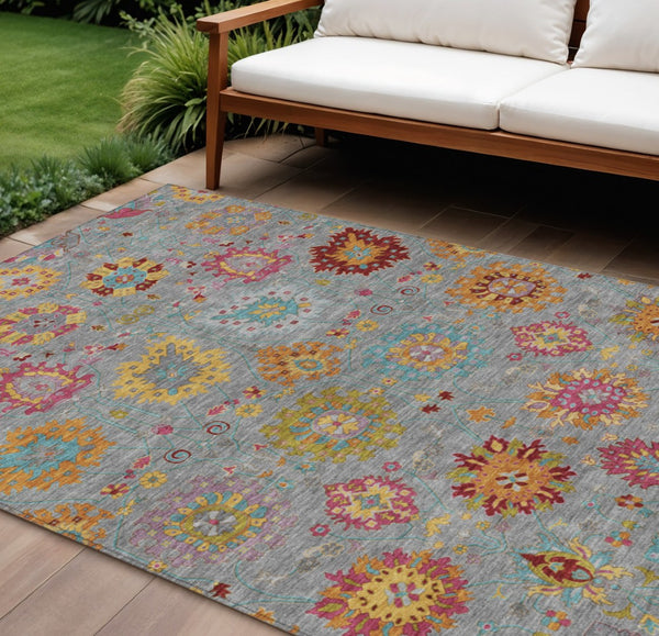 HomeRoots 10' Elegant Gray Gold Pink Damask Washable Area Rug - Durable Indoor Outdoor Design for Any Space 657828