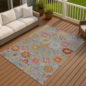 HomeRoots 10' Elegant Gray Gold Pink Damask Washable Area Rug - Durable Indoor Outdoor Design for Any Space 657828