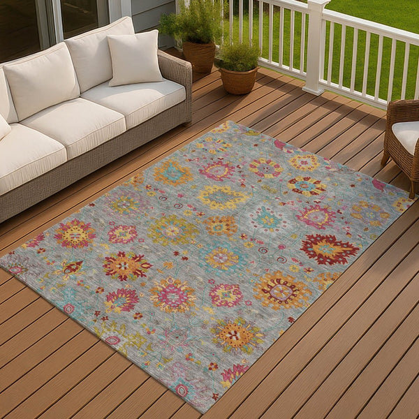 HomeRoots 10' Elegant Gray Gold Pink Damask Washable Area Rug - Durable Indoor Outdoor Design for Any Space 657828