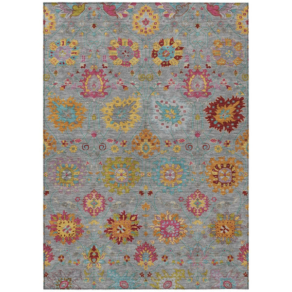 HomeRoots 10' Elegant Gray Gold Pink Damask Washable Area Rug - Durable Indoor Outdoor Design for Any Space 657828