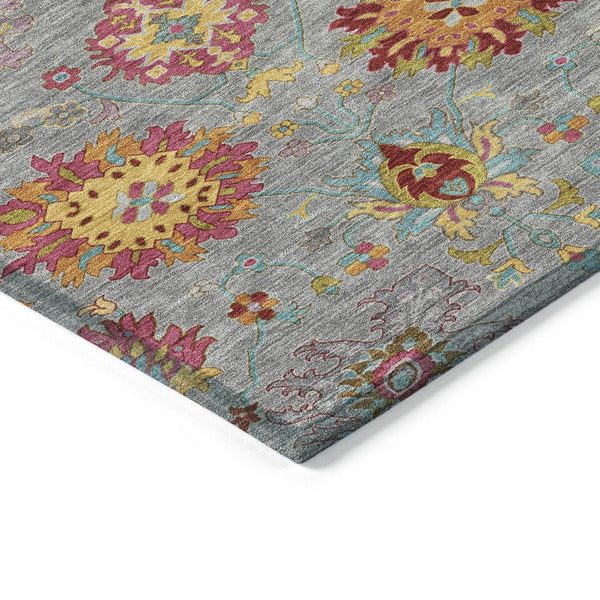 HomeRoots 10' Elegant Gray Gold Pink Damask Washable Area Rug - Durable Indoor Outdoor Design for Any Space 657828