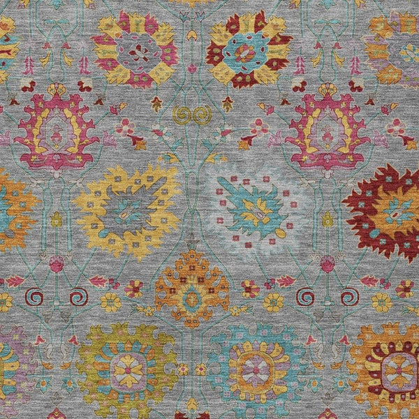 HomeRoots 10' Elegant Gray Gold Pink Damask Washable Area Rug - Durable Indoor Outdoor Design for Any Space 657828