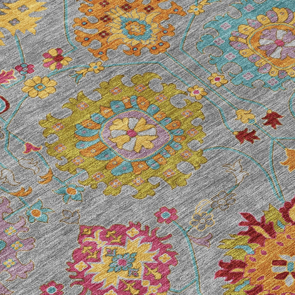 HomeRoots 10' Elegant Gray Gold Pink Damask Washable Area Rug - Durable Indoor Outdoor Design for Any Space 657828