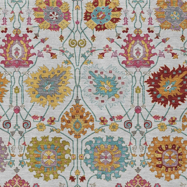HomeRoots 5' Elegant Ivory, Gold & Pink Damask Washable Area Rug - Ideal for Indoor & Outdoor Spaces! 657830