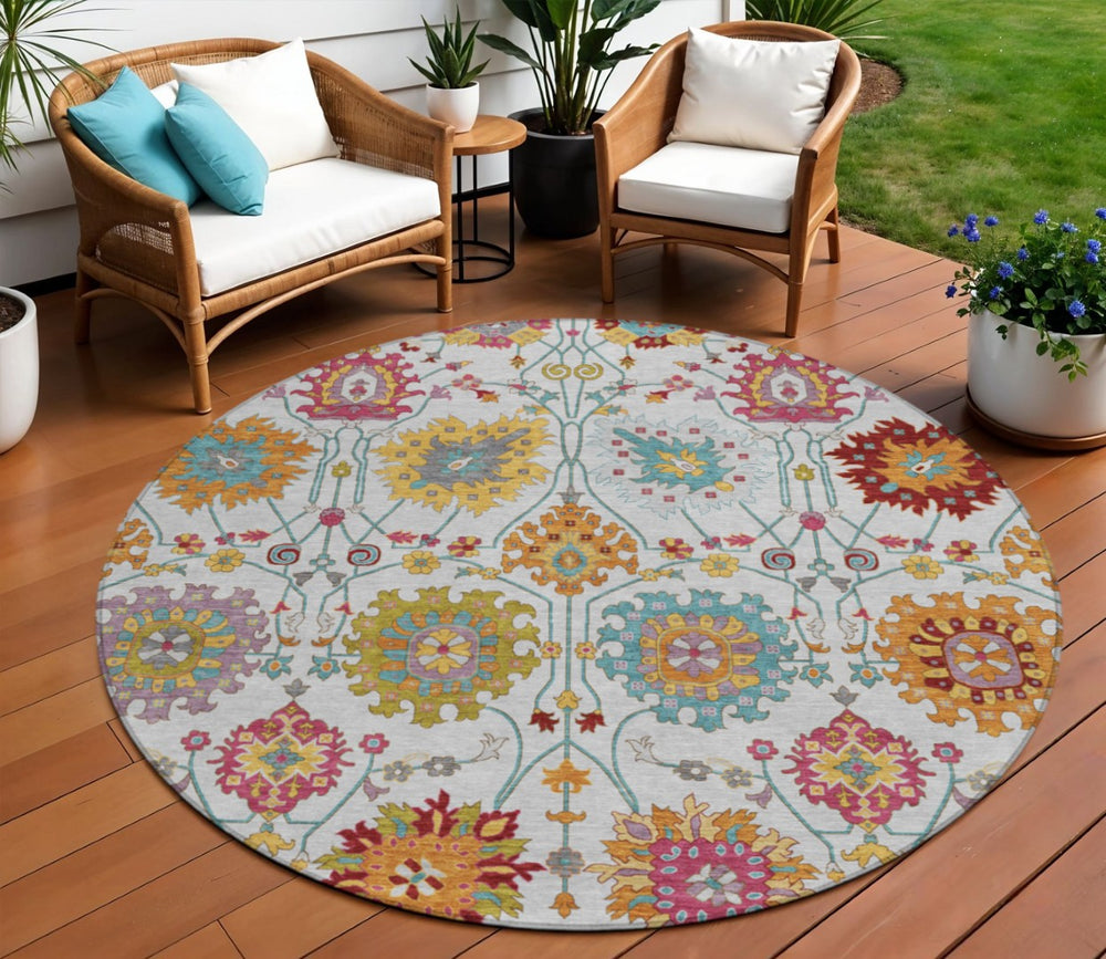 HomeRoots 8' Elegant Ivory, Gold & Pink Round Damask Area Rug - Washable, Durable for Indoor/Outdoor Use 657831