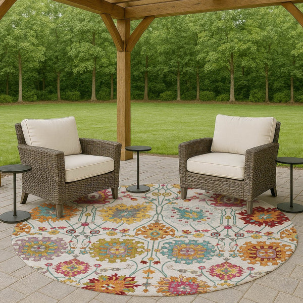 HomeRoots 8' Elegant Ivory, Gold & Pink Round Damask Area Rug - Washable, Durable for Indoor/Outdoor Use 657831