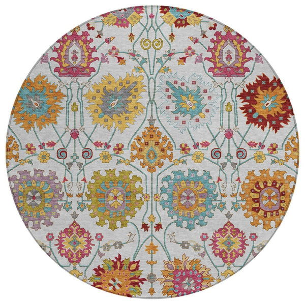 HomeRoots 8' Elegant Ivory, Gold & Pink Round Damask Area Rug - Washable, Durable for Indoor/Outdoor Use 657831