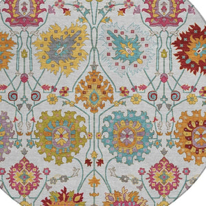 HomeRoots 8' Elegant Ivory, Gold & Pink Round Damask Area Rug - Washable, Durable for Indoor/Outdoor Use 657831