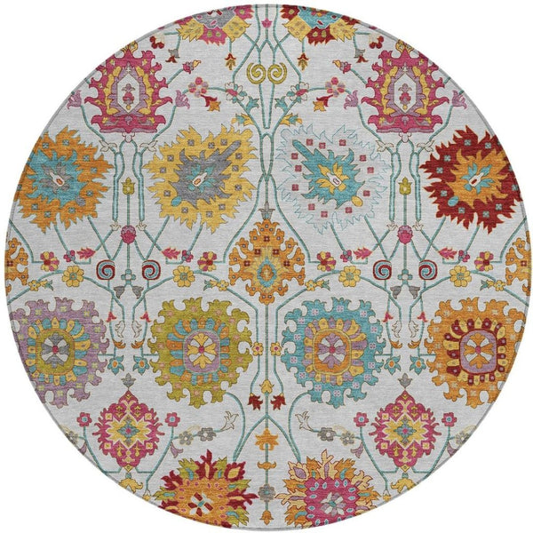 HomeRoots 8' Elegant Ivory, Gold & Pink Round Damask Area Rug - Washable, Durable for Indoor/Outdoor Use 657831