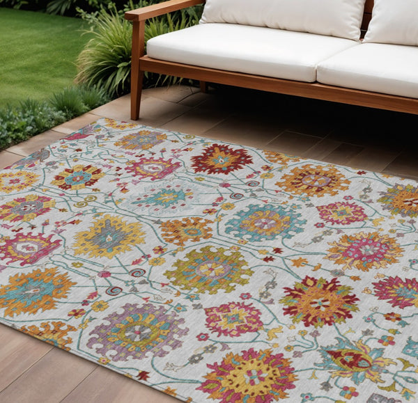 HomeRoots 8' X 10' Elegant Ivory Gold Pink Damask Area Rug – Durable, Washable for Indoor & Outdoor Use! 657832