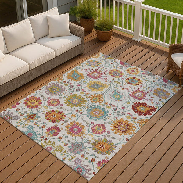 HomeRoots 8' X 10' Elegant Ivory Gold Pink Damask Area Rug – Durable, Washable for Indoor & Outdoor Use! 657832