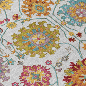 HomeRoots 8' X 10' Elegant Ivory Gold Pink Damask Area Rug – Durable, Washable for Indoor & Outdoor Use! 657832