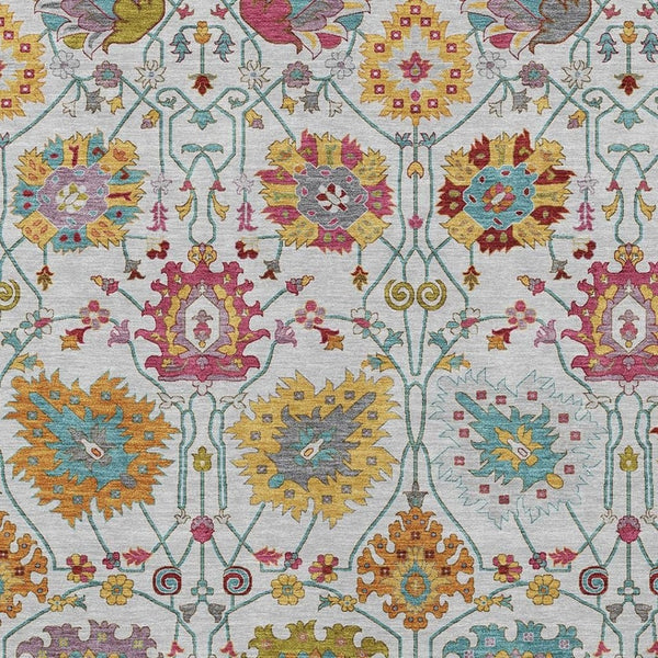 HomeRoots 9' X 12' Elegant Ivory Gold Pink Damask Area Rug - Washable, Durable for Indoor & Outdoor Spaces 657833
