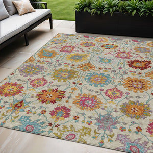 HomeRoots 5' X 8' Elegant Gold and Pink Damask Area Rug - Durable, Washable, Indoor/Outdoor Versatile Design 657836
