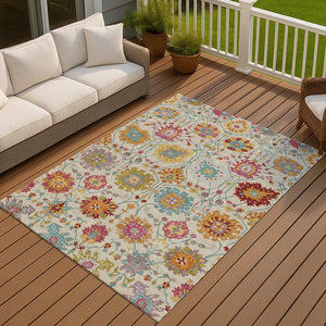 HomeRoots 5' X 8' Elegant Gold and Pink Damask Area Rug - Durable, Washable, Indoor/Outdoor Versatile Design 657836