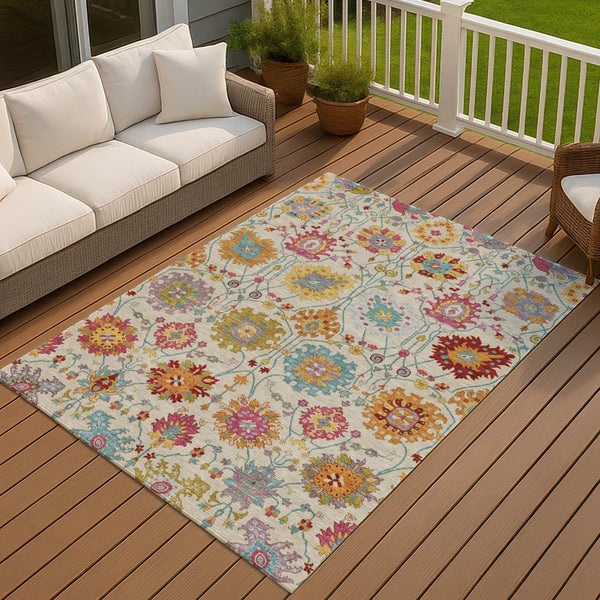 HomeRoots 5' X 8' Elegant Gold and Pink Damask Area Rug - Durable, Washable, Indoor/Outdoor Versatile Design 657836