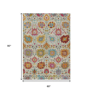 HomeRoots 5' X 8' Elegant Gold and Pink Damask Area Rug - Durable, Washable, Indoor/Outdoor Versatile Design 657836