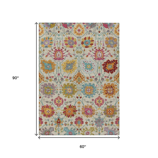 HomeRoots 5' X 8' Elegant Gold and Pink Damask Area Rug - Durable, Washable, Indoor/Outdoor Versatile Design 657836