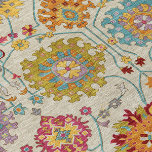HomeRoots 5' X 8' Elegant Gold and Pink Damask Area Rug - Durable, Washable, Indoor/Outdoor Versatile Design 657836