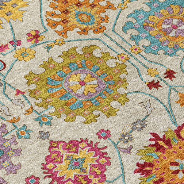 HomeRoots 5' X 8' Elegant Gold and Pink Damask Area Rug - Durable, Washable, Indoor/Outdoor Versatile Design 657836