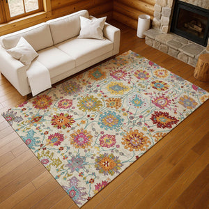 HomeRoots 5' X 8' Elegant Gold and Pink Damask Area Rug - Durable, Washable, Indoor/Outdoor Versatile Design 657836