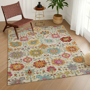 HomeRoots 5' X 8' Elegant Gold and Pink Damask Area Rug - Durable, Washable, Indoor/Outdoor Versatile Design 657836