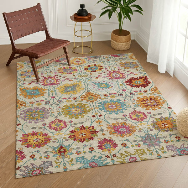 HomeRoots 5' X 8' Elegant Gold and Pink Damask Area Rug - Durable, Washable, Indoor/Outdoor Versatile Design 657836