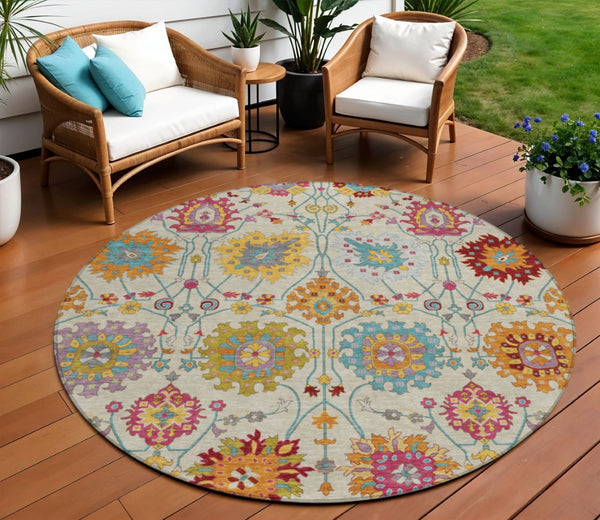 HomeRoots 8' Round Damask Area Rug in Linen, Gold & Pink – Washable, Stylish, Durable for Indoor & Outdoor Use 657837