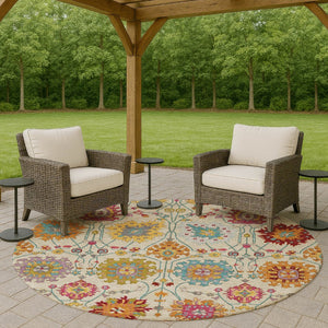 HomeRoots 8' Round Damask Area Rug in Linen, Gold & Pink – Washable, Stylish, Durable for Indoor & Outdoor Use 657837