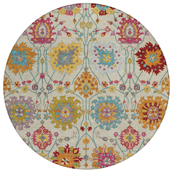 HomeRoots 8' Round Damask Area Rug in Linen, Gold & Pink – Washable, Stylish, Durable for Indoor & Outdoor Use 657837