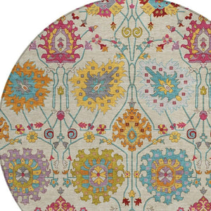HomeRoots 8' Round Damask Area Rug in Linen, Gold & Pink – Washable, Stylish, Durable for Indoor & Outdoor Use 657837
