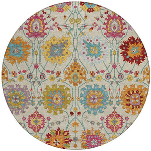HomeRoots 8' Round Damask Area Rug in Linen, Gold & Pink – Washable, Stylish, Durable for Indoor & Outdoor Use 657837