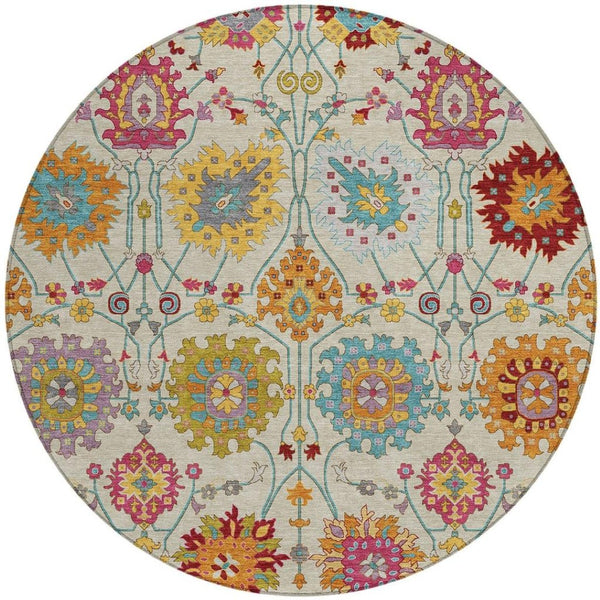 HomeRoots 8' Round Damask Area Rug in Linen, Gold & Pink – Washable, Stylish, Durable for Indoor & Outdoor Use 657837