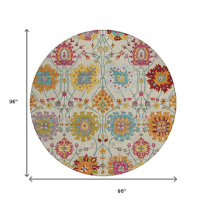 HomeRoots 8' Round Damask Area Rug in Linen, Gold & Pink – Washable, Stylish, Durable for Indoor & Outdoor Use 657837