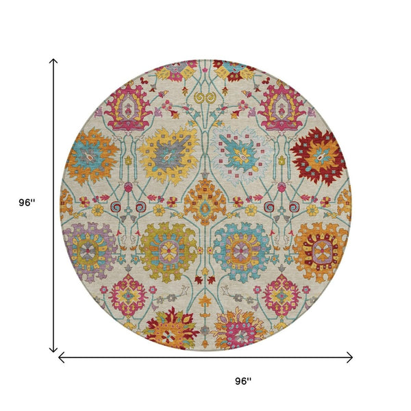 HomeRoots 8' Round Damask Area Rug in Linen, Gold & Pink – Washable, Stylish, Durable for Indoor & Outdoor Use 657837