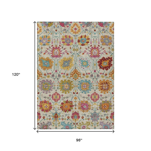 HomeRoots 8' X 10' Linen Gold and Pink Damask Washable Area Rug - Elegant, Durable, Indoor-Outdoor Design 657838