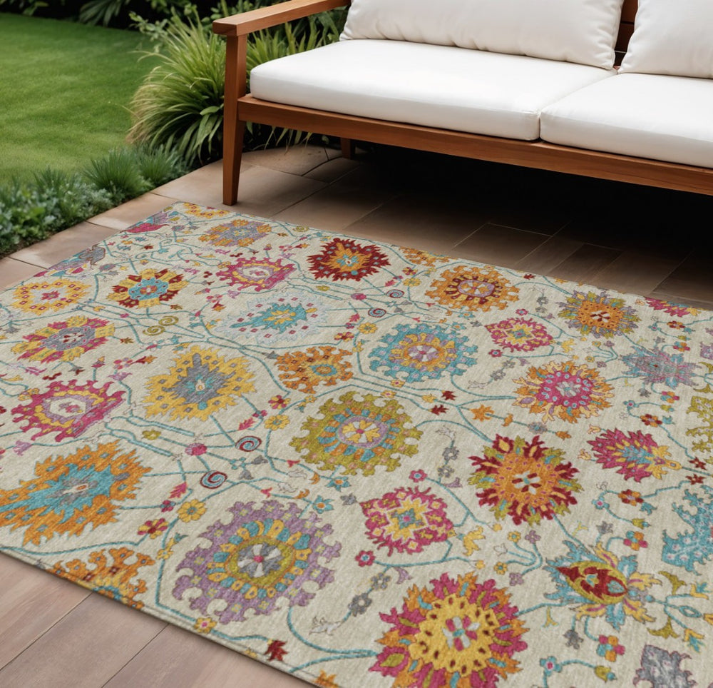 HomeRoots 8' X 10' Linen Gold and Pink Damask Washable Area Rug - Elegant, Durable, Indoor-Outdoor Design 657838